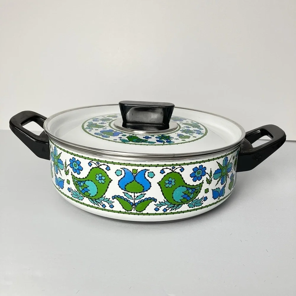 Vintage Fancipans Enamel Saucepan Lid Green Blue Bird Folk Art 1970s Retro Kitch